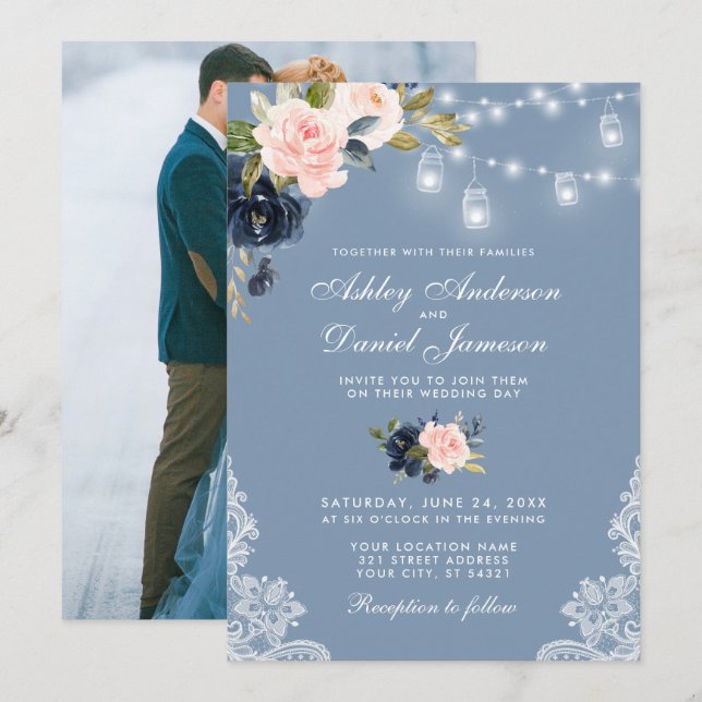 Invitación Dusty Blue Pink Floral Lace Luces Foto Boda (Anverso / Reverso)