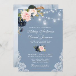Invitación Dusty Blue Pink Floral Lace Luces Foto Boda