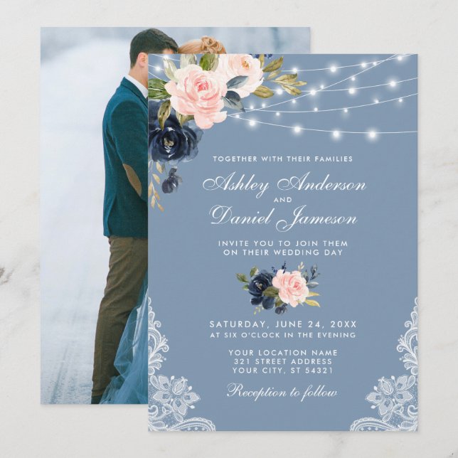 Invitación Dusty Blue Pink Floral Lights Lace Photo Boda (Anverso / Reverso)