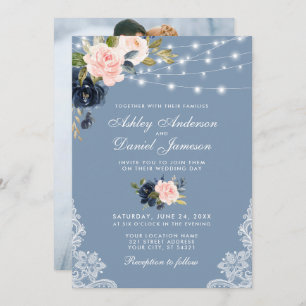 Invitación Dusty Blue Pink Floral Lights Lace Photo Boda