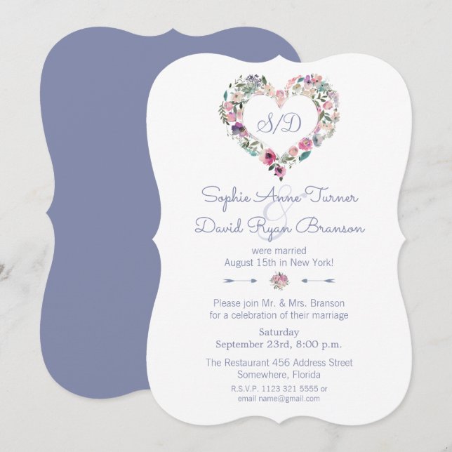Invitación Dusty Blue Pink Floral Noche de Boda (Anverso / Reverso)
