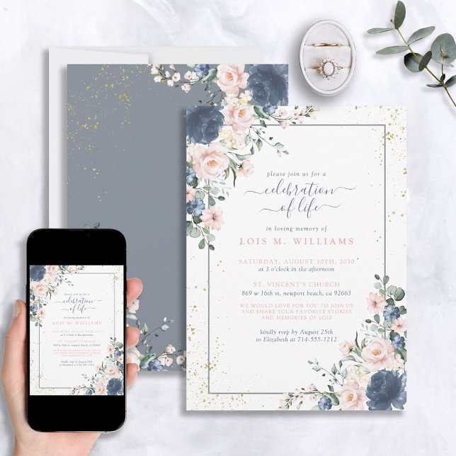 Invitación Dusty Blue Pink Gold Floral Celebración de la Vida (Subido por el creador)
