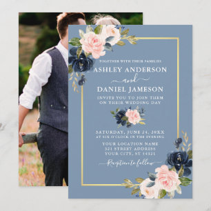 Invitación Dusty Blue Pink Rubor Floral Gold Photo Boda