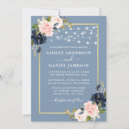 Invitación Dusty Blue Pink Rubor Floral String Lights Boda