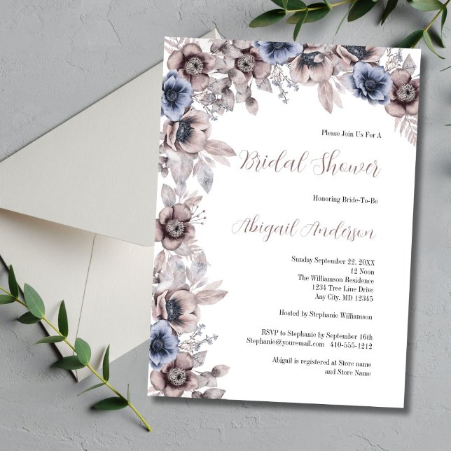 Invitación Dusty Blue Pink Watercolor Florencia Bridal Shower (Dusty Pink and Blue Watercolor Florals Bridal Shower Invitation)