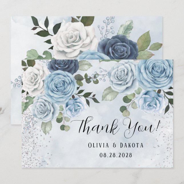 Invitación Dusty Blue Pintado Boda Floral Gracias Cartas (Anverso / Reverso)