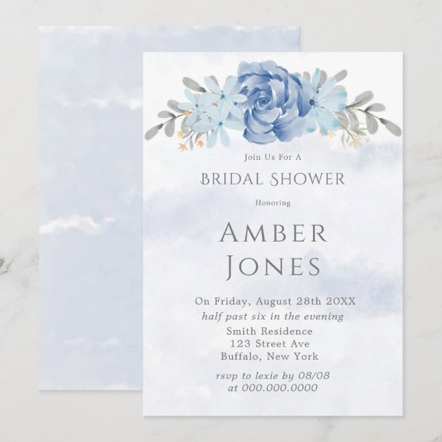 Invitación Dusty Blue Pintado Peony Bridal Shower (Anverso / Reverso)