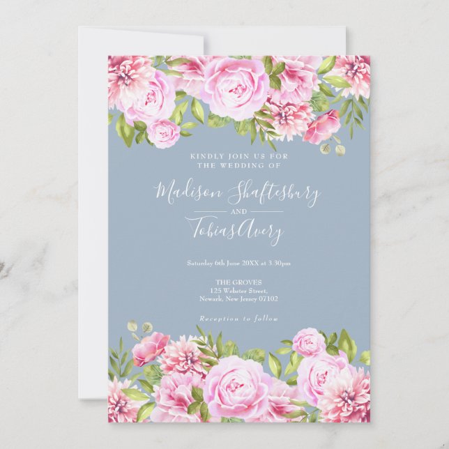 Invitación Dusty Blue Pony Peony Greenery Boda Floral (Anverso)