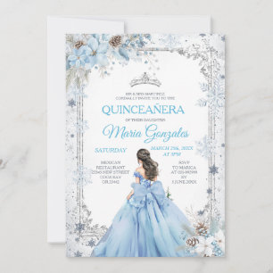 Invitación Dusty Blue Princesa Floral Invierno Nieve Quinceañ