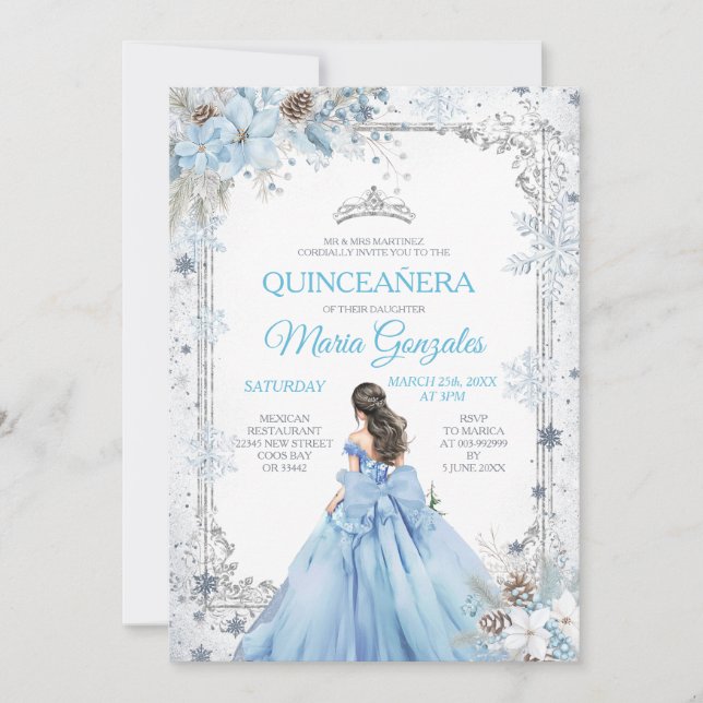 Invitación Dusty Blue Princess Floral Winter Snow Quinceañera (Anverso)