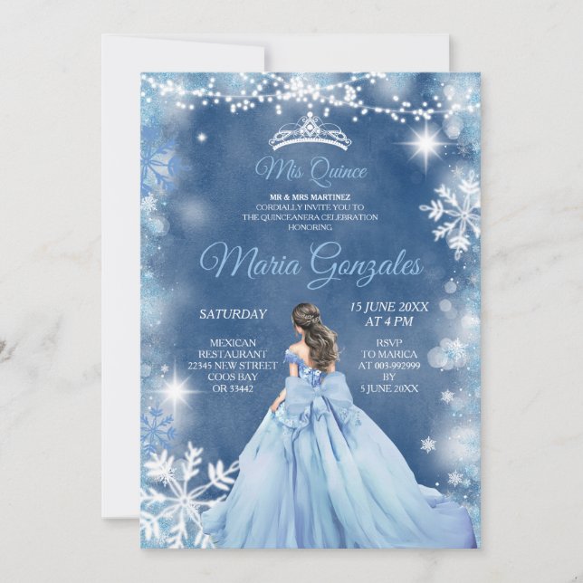 Invitación Dusty Blue Princess Winter White Mis Quince (Anverso)