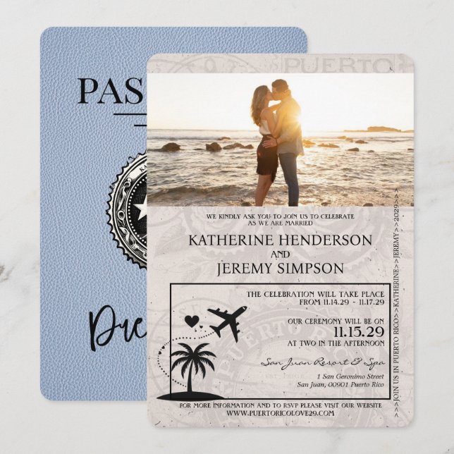 Invitación Dusty Blue Puerto Rico Passport Boda (Anverso / Reverso)