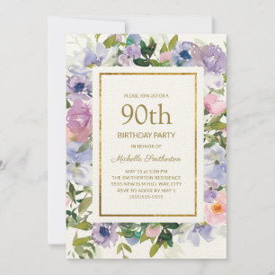 Invitación Dusty Blue Purple Floral Gold 90 cumpleaños