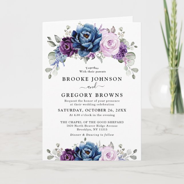 Invitación Dusty Blue Purple Navy Lilac Blooms Boda (Anverso)