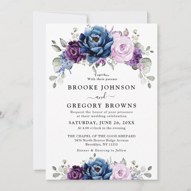 Invitación Dusty Blue Purple Navy Lilac Blooms Boda (Anverso)