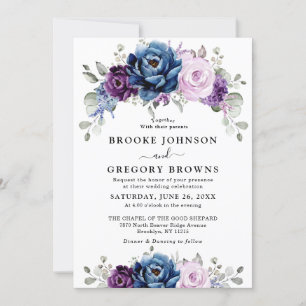 Invitación Dusty Blue Purple Navy Lilac Blooms Boda