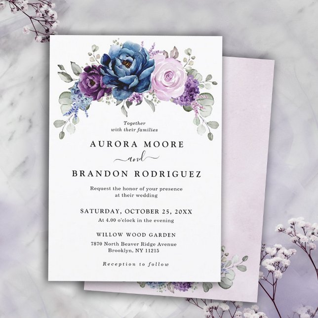 Invitación Dusty Blue Purple Navy Lilac Blooms Boda (Dusty Blue Purple Navy Lilac Blooms Wedding invitation)