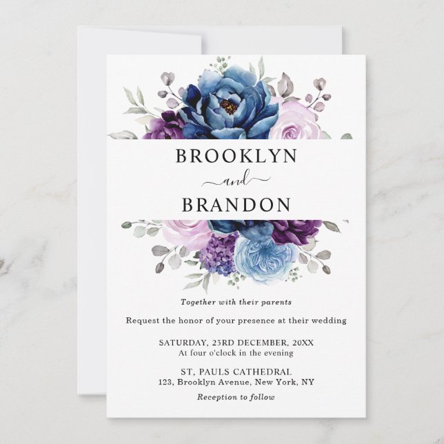 Invitación Dusty Blue Purple Navy Lilac Blooms Boda (Anverso)