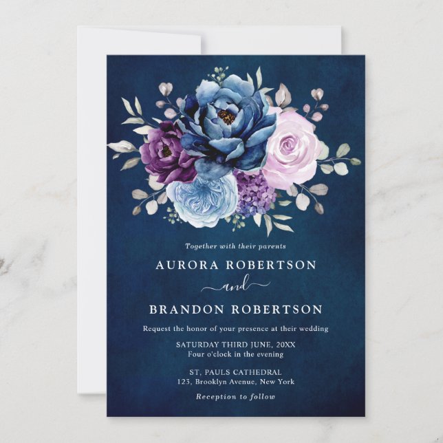 Invitación Dusty Blue Purple Navy Lilac Blooms Boda Elegan