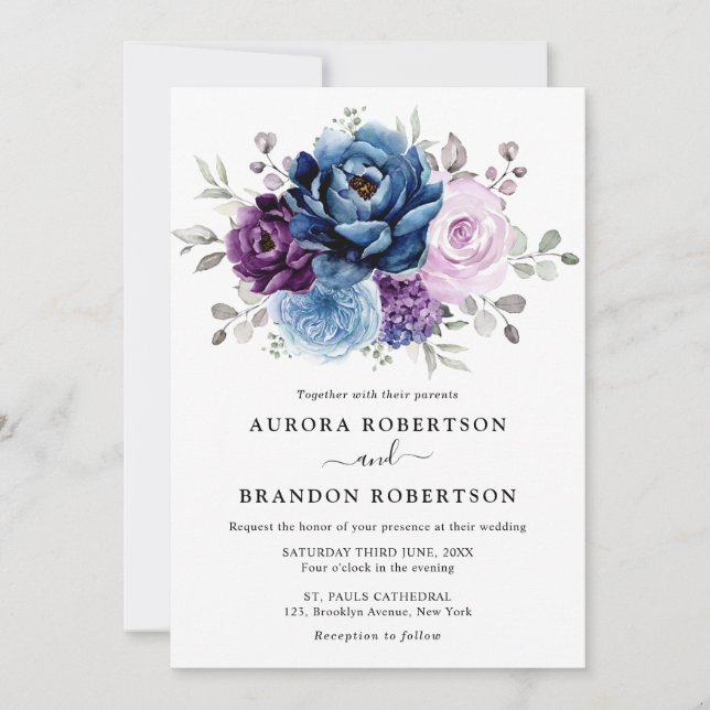 Invitación Dusty Blue Purple Navy Lilac Blooms Boda Elegan (Anverso)