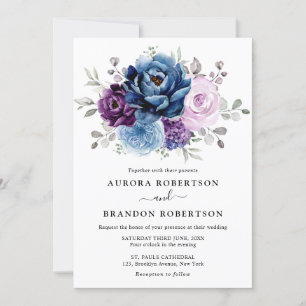 Invitación Dusty Blue Purple Navy Lilac Blooms Boda Elegan