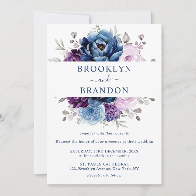 Invitación Dusty Blue Purple Navy Lilac Blooms Boda Invita (Anverso)