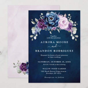 Invitación Dusty Blue Purple Navy Lilac Blooms Boda Invita