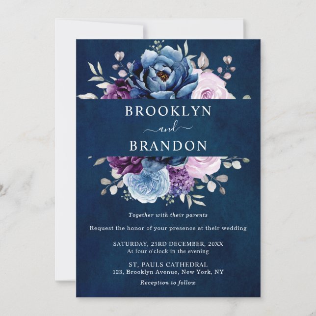 Invitación Dusty Blue Purple Navy Lilac Blooms Boda Invita (Anverso)