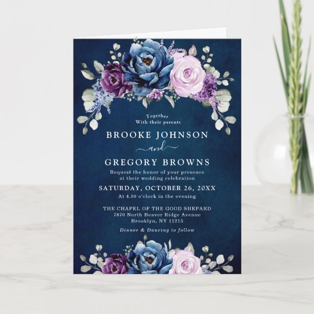 Invitación Dusty Blue Purple Navy Lilac Blooms Boda Invita (Anverso)