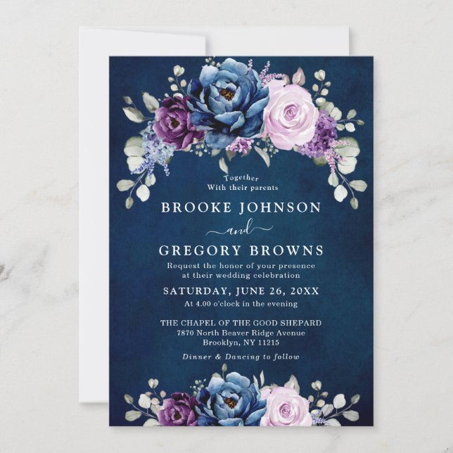 Invitación Dusty Blue Purple Navy Lilac Blooms Boda Invita (Anverso)