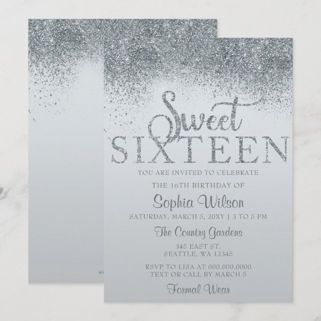 Invitación Dusty Blue Purpurina Sparkle Sweet 16 Cumpleaños (Anverso / Reverso)