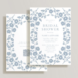 Invitación Dusty Blue QR Code Floral Folclore blanco ducha de
