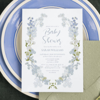 Invitación Dusty Blue QR Code Floral Watercolor Baby Shower