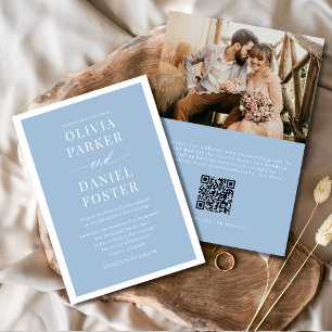 Invitación Dusty Blue QR Code Foto Boda Minimalista