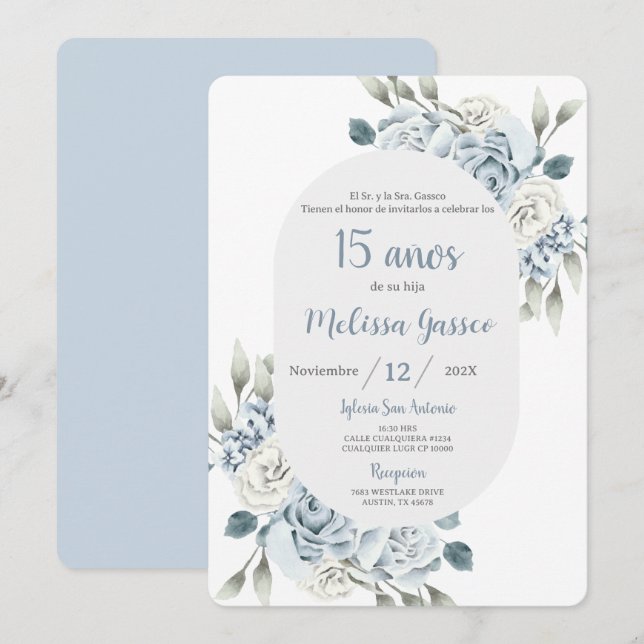Invitación Dusty Blue Quinceañera (Anverso / Reverso)