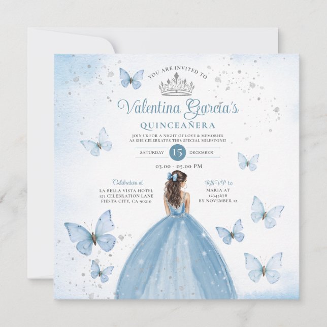 Invitación Dusty Blue Quinceañera 15 Anos Butterfly Silver (Anverso)