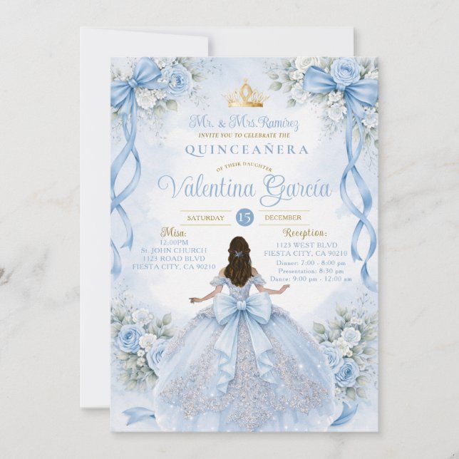 Invitación Dusty Blue Quinceañera with Bow (Anverso)