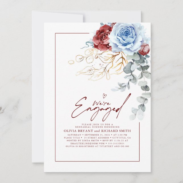 Invitación Dusty Blue Red Floral Engagement Party Photo (Anverso)