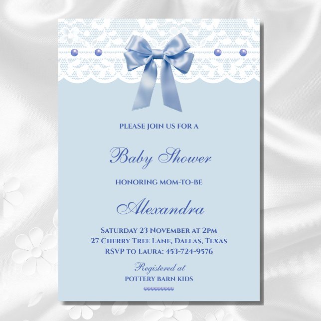 Invitación Dusty Blue Regency Bow Pearl Lace Baby Shower (Subido por el creador)