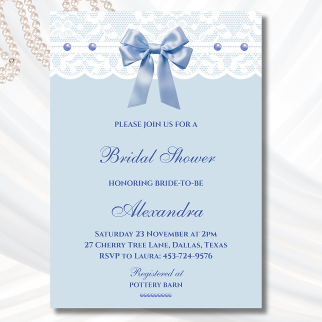 Invitación Dusty Blue Regency Bow Pearl Lace Bridal Shower (Subido por el creador)