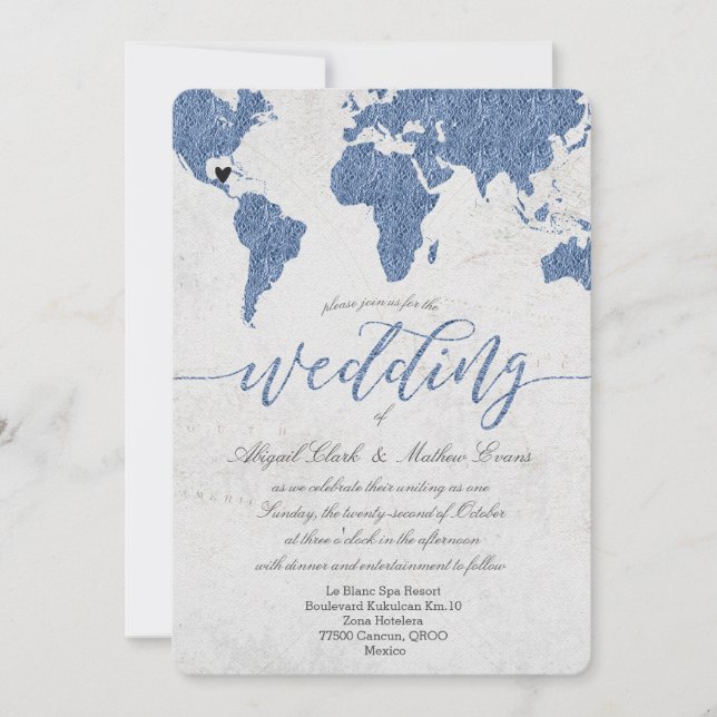 Invitación Dusty Blue Relieve metalizado World Map Destinatio (Anverso)