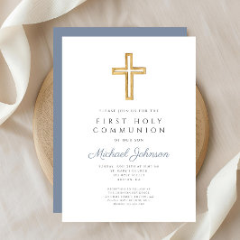 Invitación Dusty Blue Religious Cross Boy First Communion