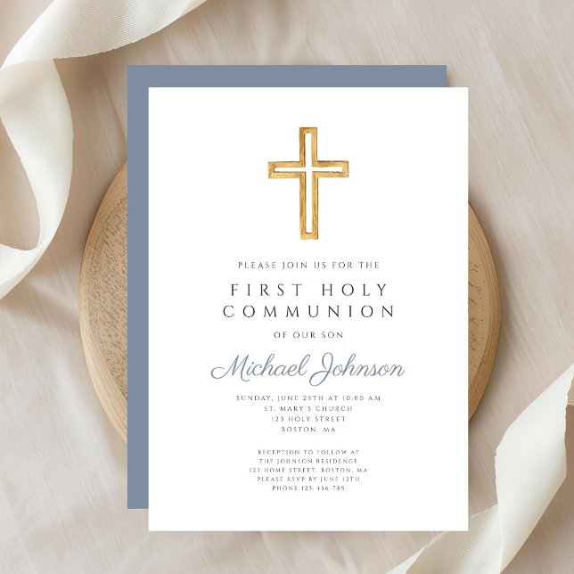 Invitación Dusty Blue Religious Cross Boy First Communion (Dusty Blue Religious Cross Boy First Communion Invitation)