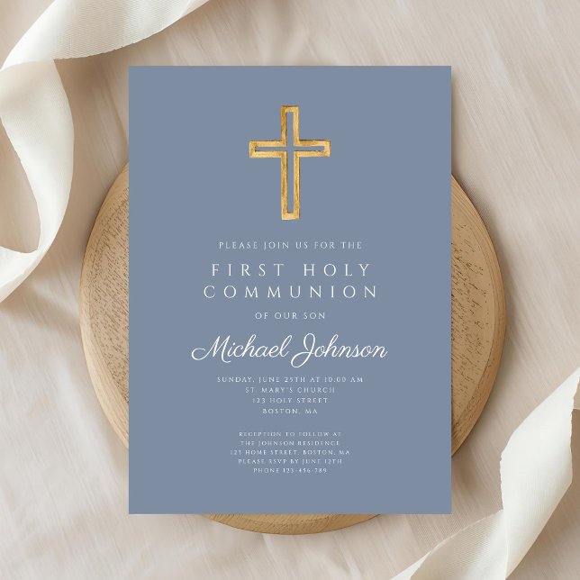 Invitación Dusty Blue Religious Cross Boy First Communion (Dusty Blue Religious Cross Boy First Communion Invitation)