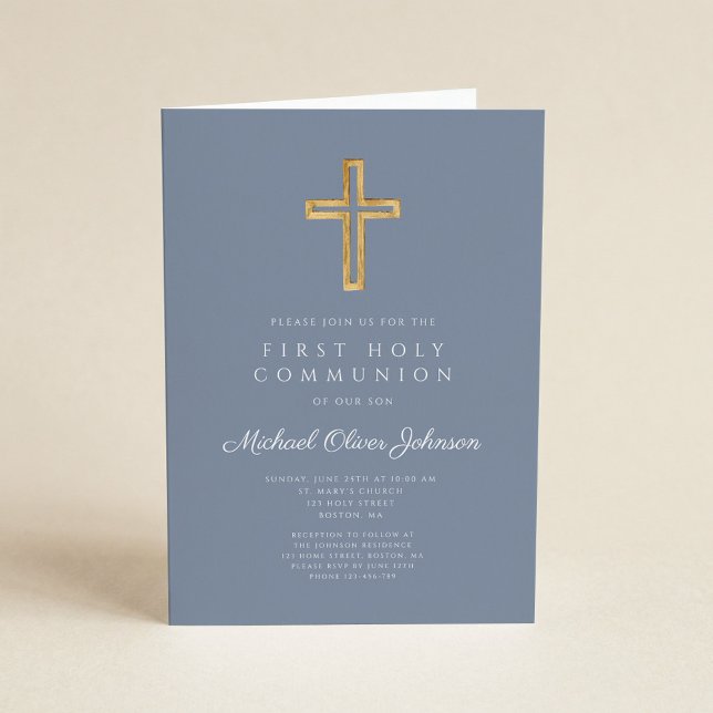 Invitación Dusty Blue Religious Cross Boy First Communion (Subido por el creador)