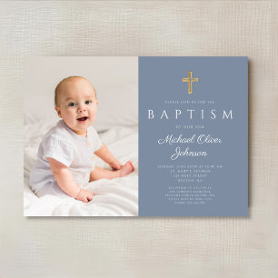 Invitación Dusty Blue Religious Cross Boy Photo Baptism