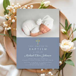 Invitación Dusty Blue Religious Cross Boy Photo Baptism