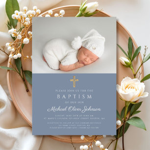 Invitación Dusty Blue Religious Cross Boy Photo Baptism