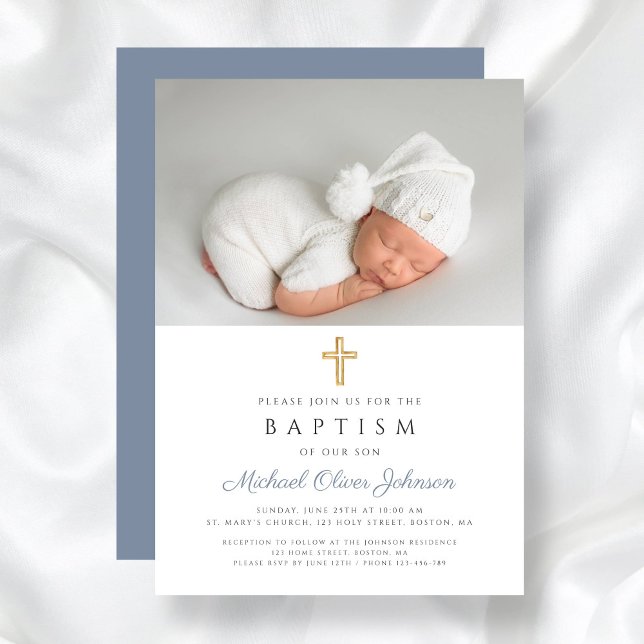 Invitación Dusty Blue Religious Cross Boy Photo Baptism (Dusty Blue Religious Cross Boy Photo Baptism Invitation)