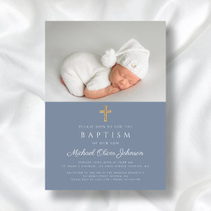 Invitación Dusty Blue Religious Cross Boy Photo Baptism